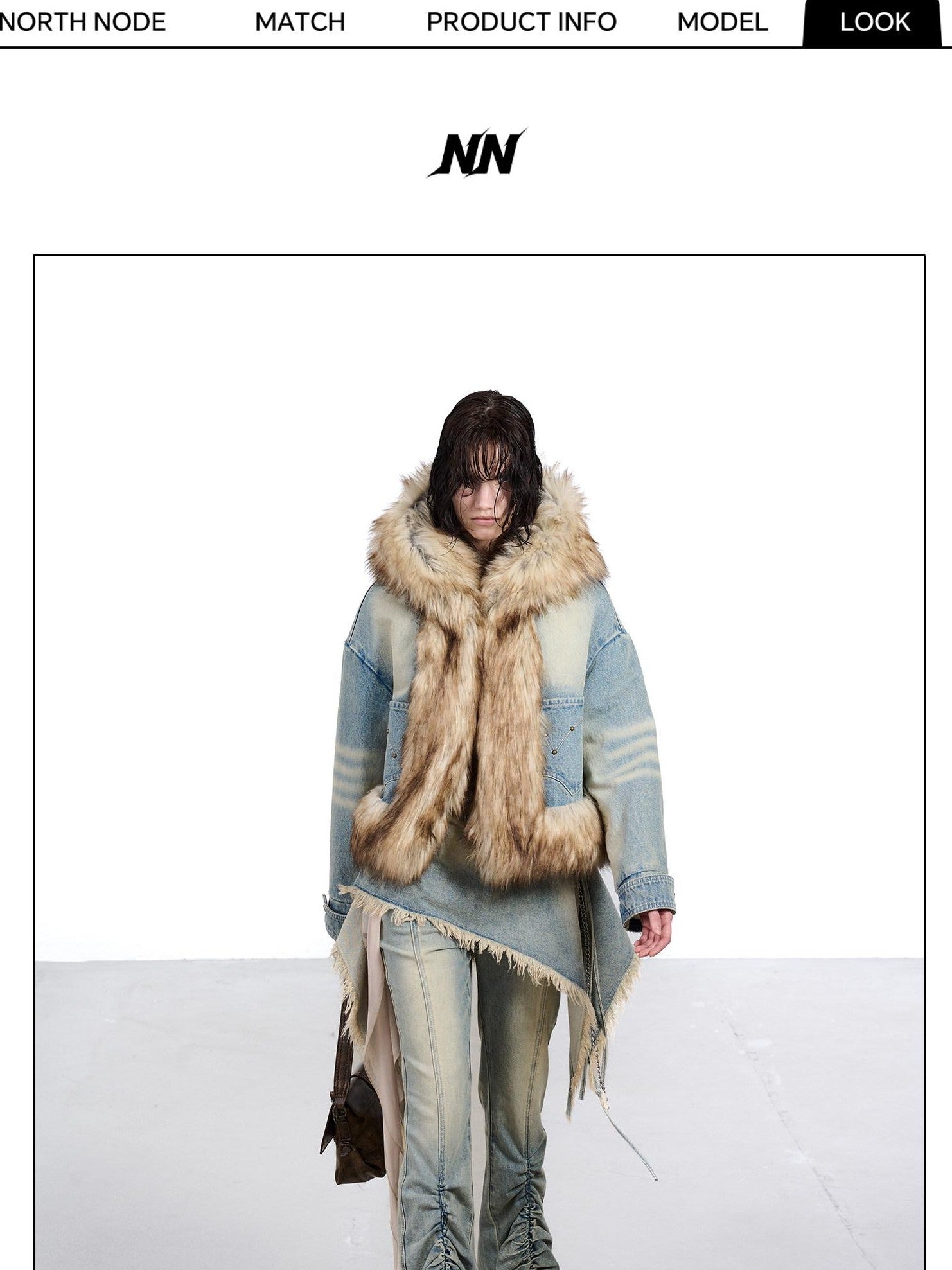 NORTH NODE Hooded Faux Shearling Lined Washed Denim Spliced Women&