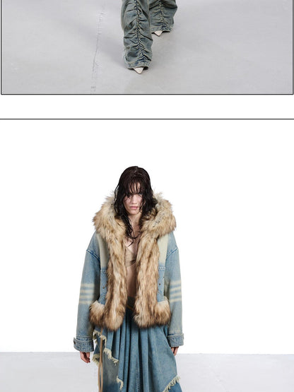 NORTH NODE Hooded Faux Shearling Lined Washed Denim Spliced Women&