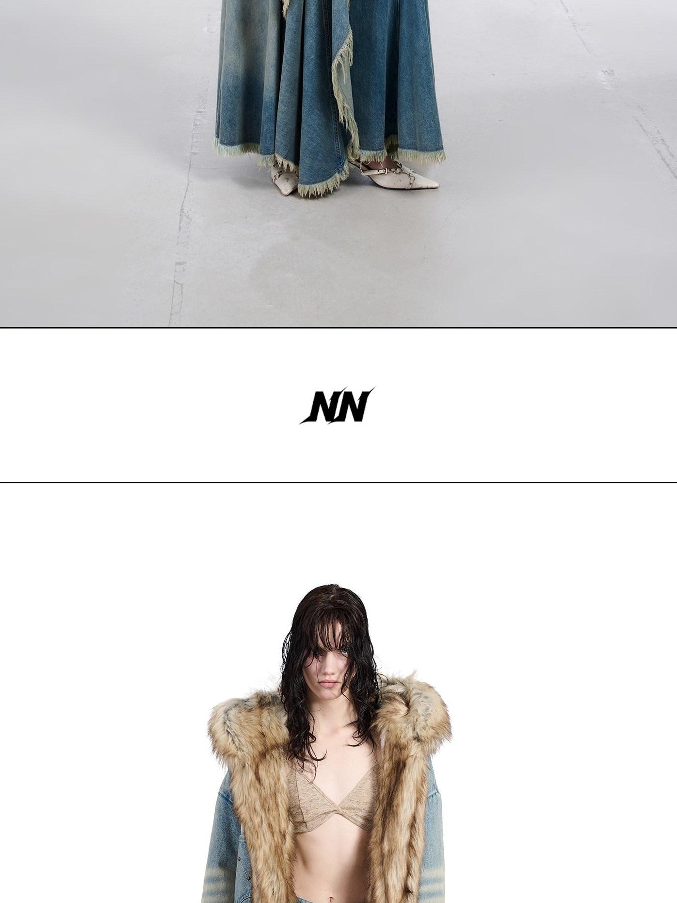 NORTH NODE Hooded Faux Shearling Lined Washed Denim Spliced Women&