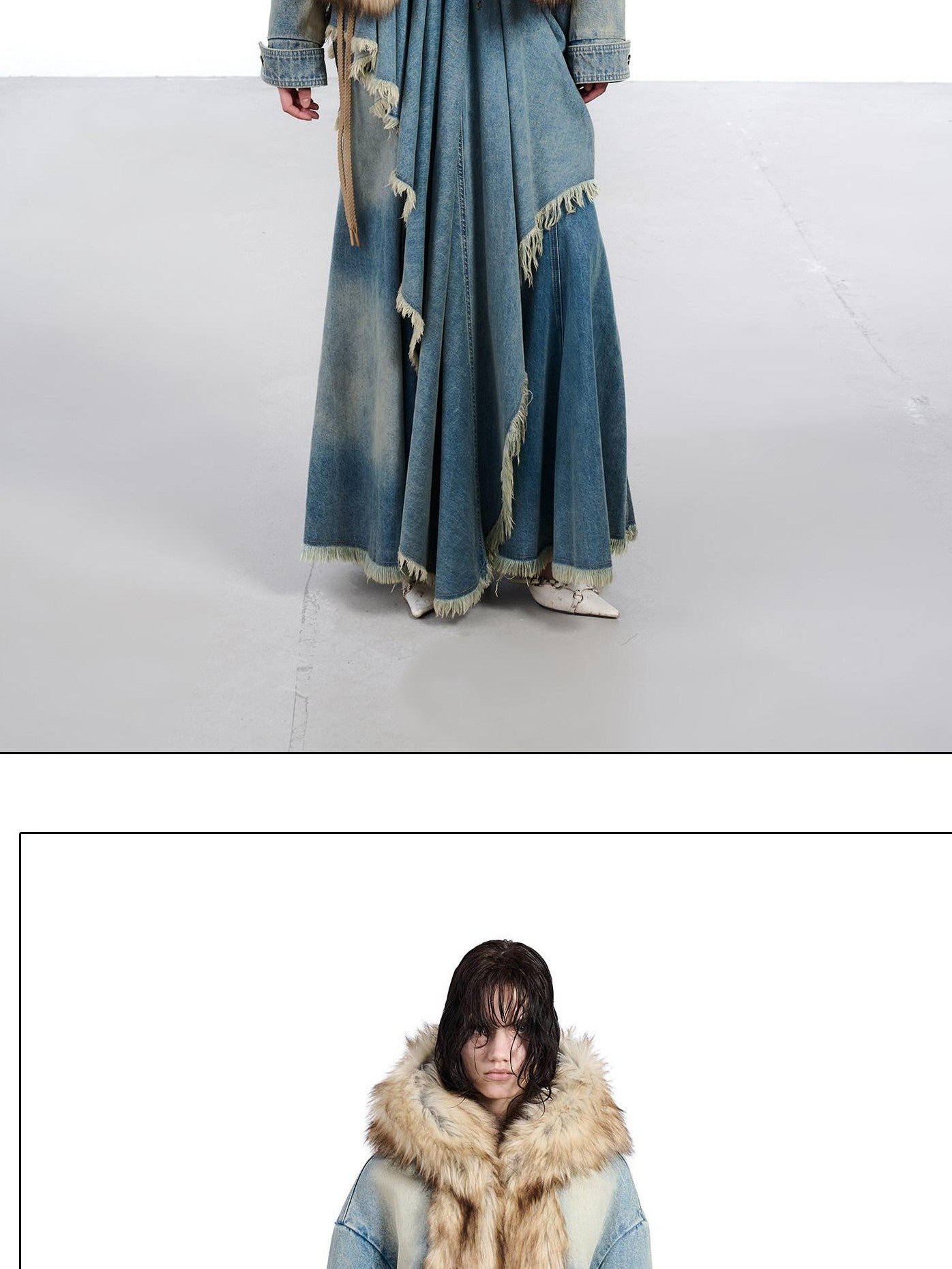 NORTH NODE Hooded Faux Shearling Lined Washed Denim Spliced Women&