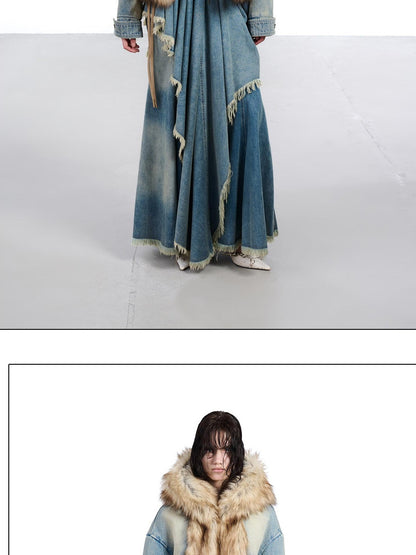 NORTH NODE Hooded Faux Shearling Lined Washed Denim Spliced Women&