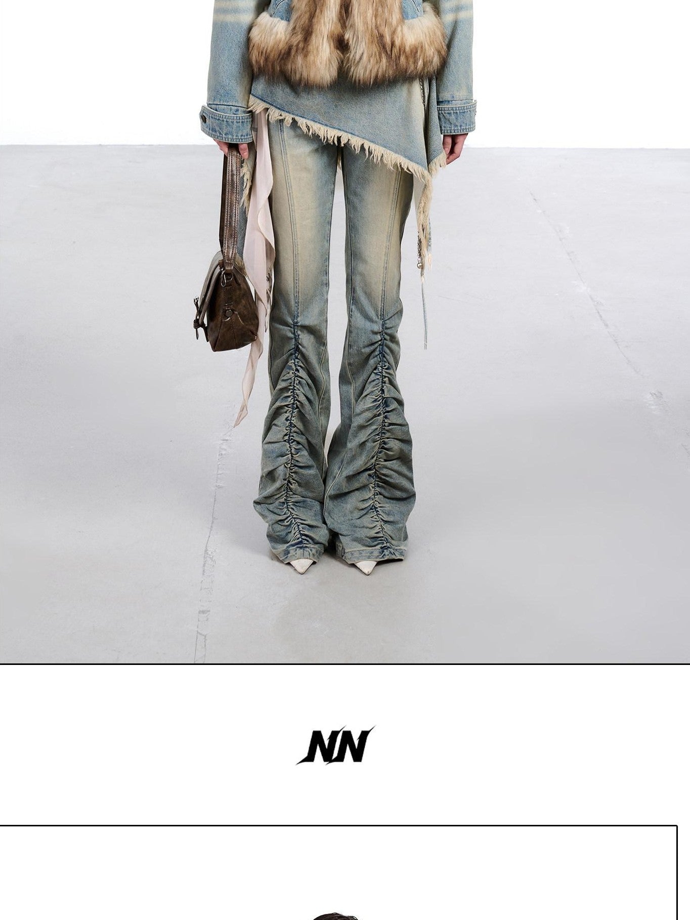 NORTH NODE Hooded Faux Shearling Lined Washed Denim Spliced Women&