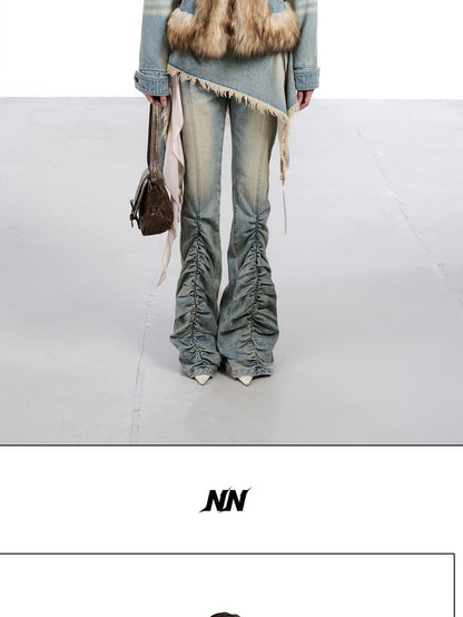 NORTH NODE Hooded Faux Shearling Lined Washed Denim Spliced Women&