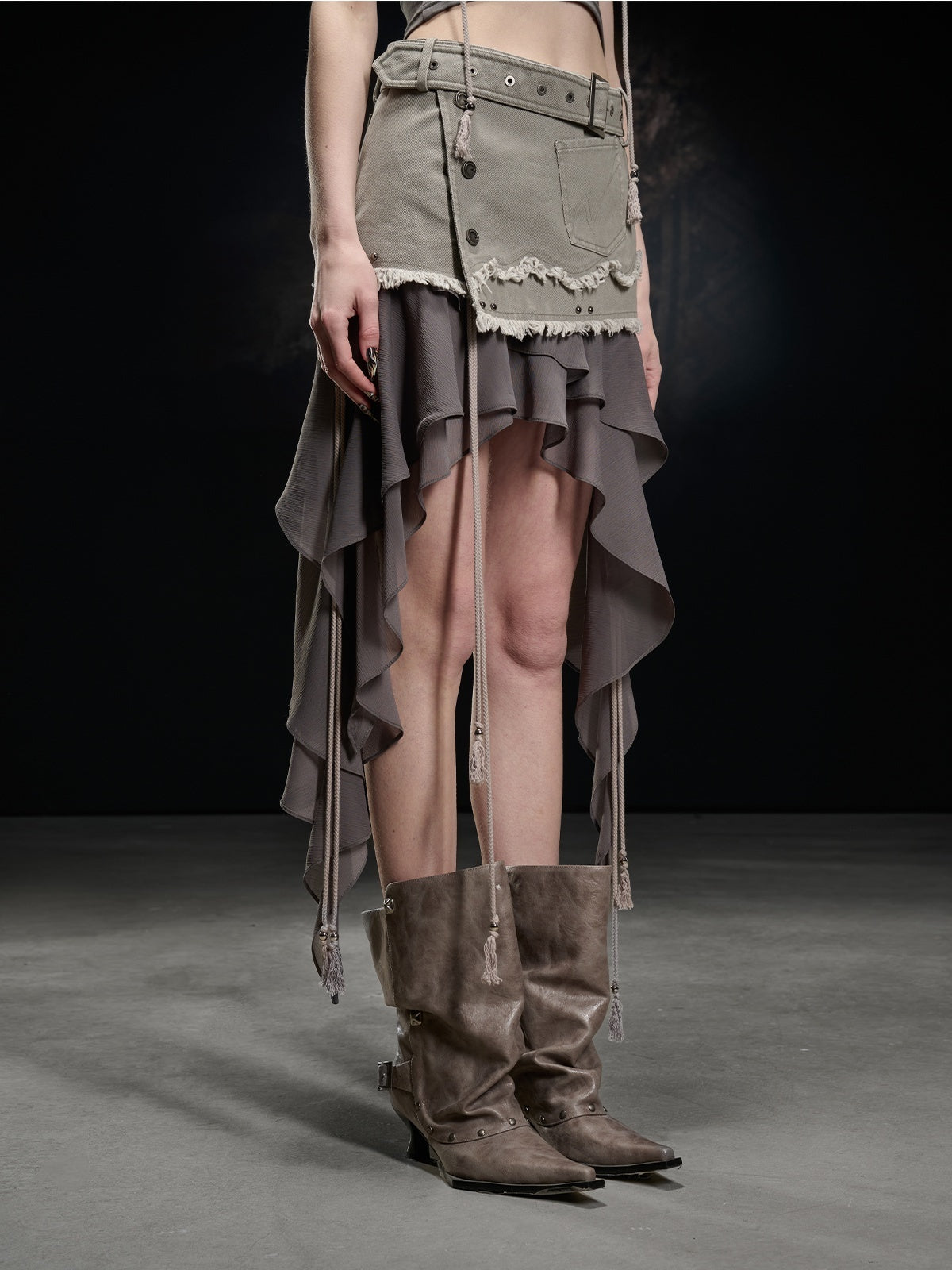 NORTH_NODE_Khaki_Canvas_Panelled_Ruffle_Asymmetrical_Hem_Women&