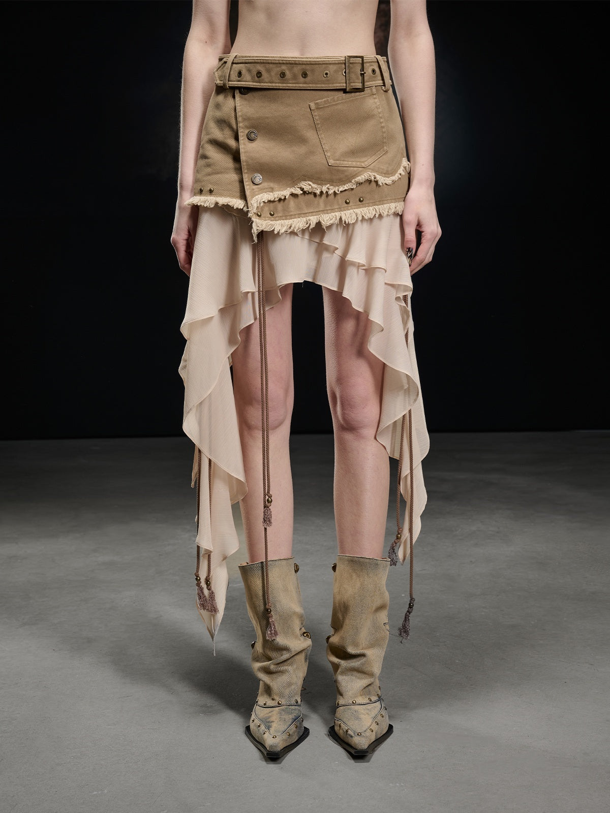 NORTH_NODE_Khaki_Canvas_Panelled_Ruffle_Asymmetrical_Hem_Women&