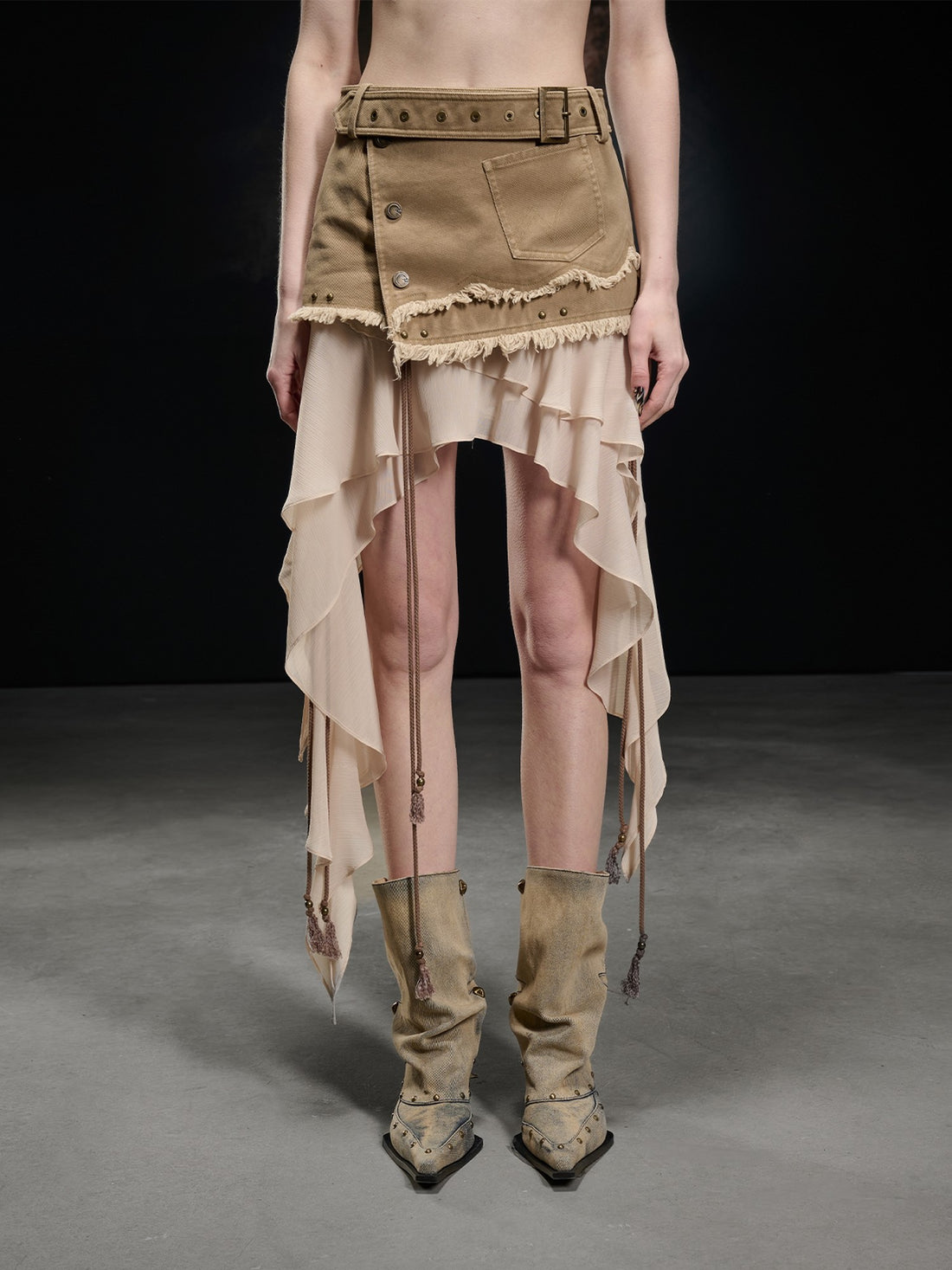 NORTH NODE Khaki Canvas Panelled Ruffle Asymmetrical Hem Women&