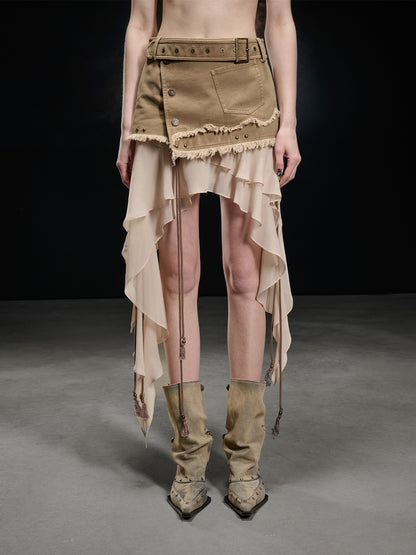 NORTH NODE Khaki Canvas Panelled Ruffle Asymmetrical Hem Women&