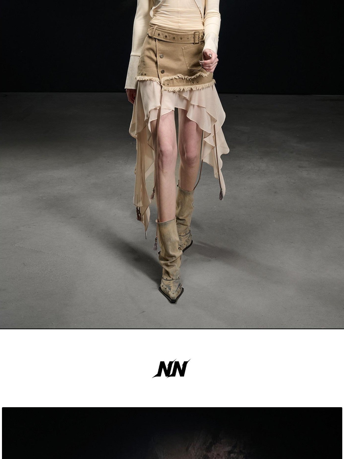 NORTH NODE Khaki Canvas Panelled Ruffle Asymmetrical Hem Women&