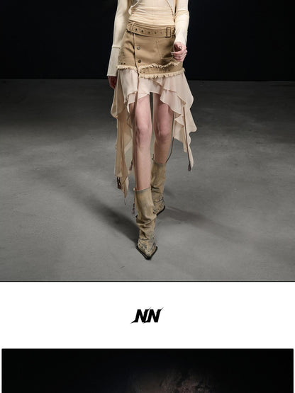 NORTH NODE Khaki Canvas Panelled Ruffle Asymmetrical Hem Women&