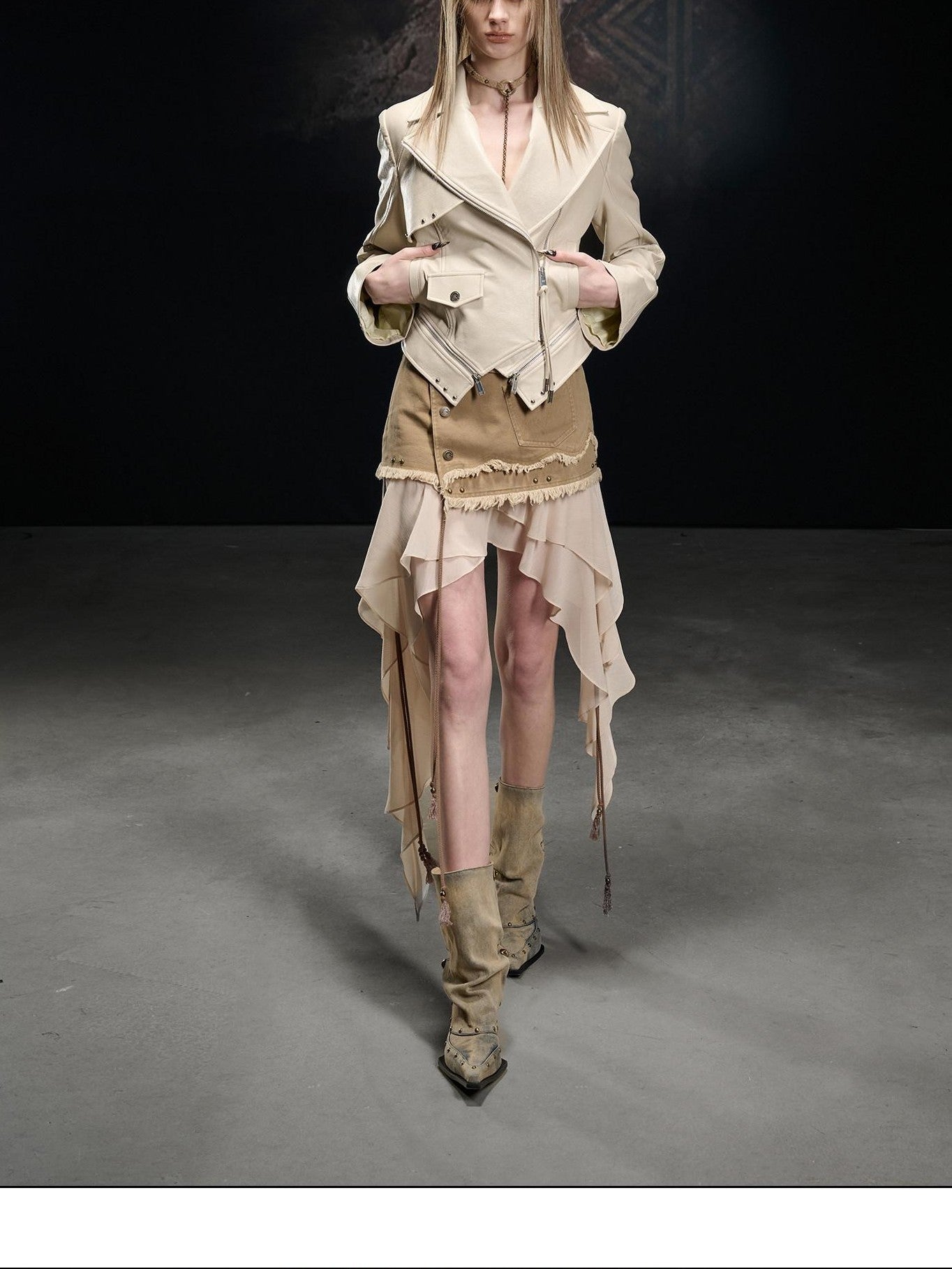 NORTH NODE Khaki Canvas Panelled Ruffle Asymmetrical Hem Women&