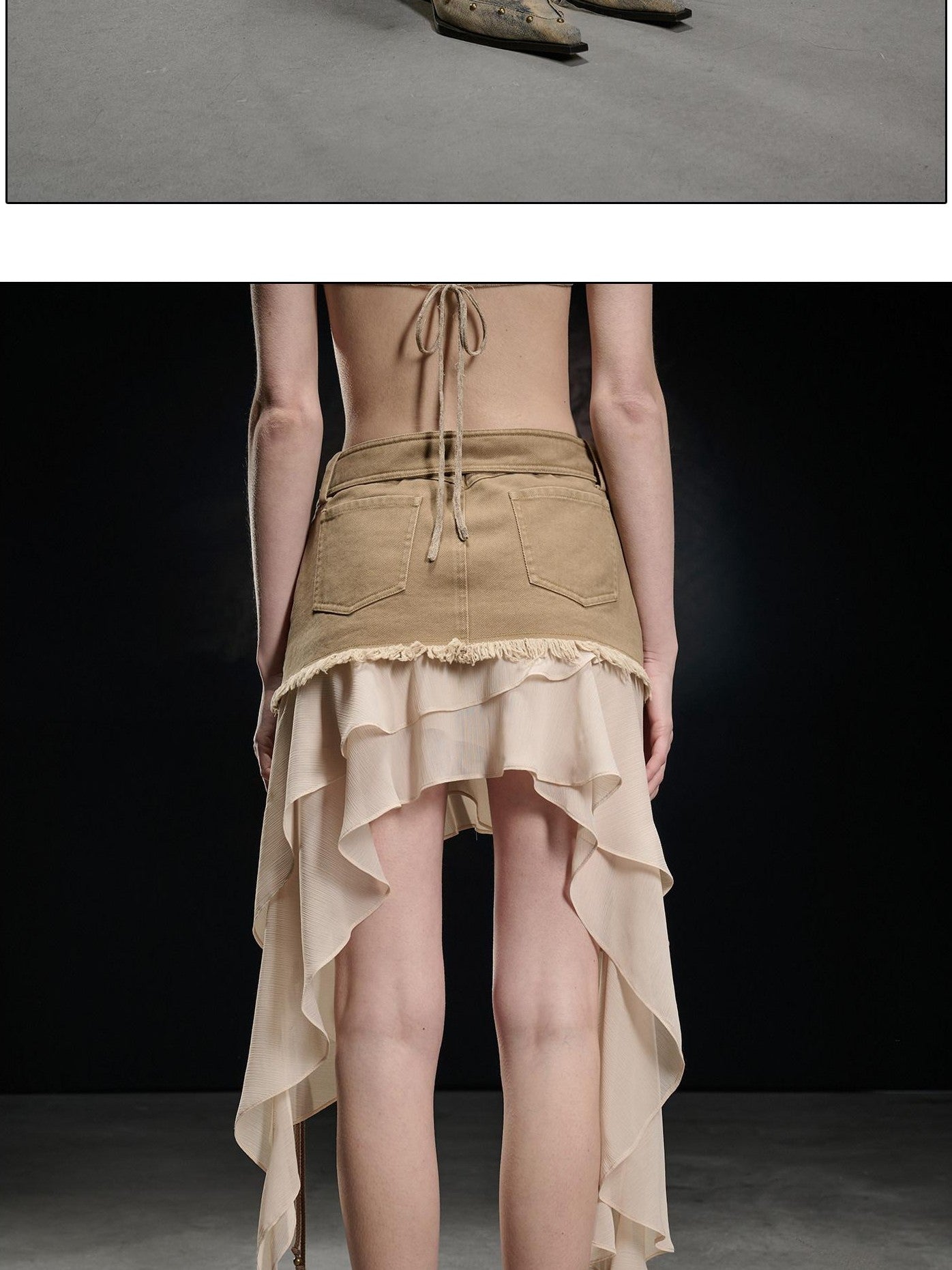 NORTH NODE Khaki Canvas Panelled Ruffle Asymmetrical Hem Women&