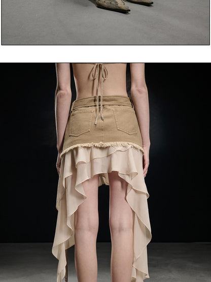 NORTH NODE Khaki Canvas Panelled Ruffle Asymmetrical Hem Women&
