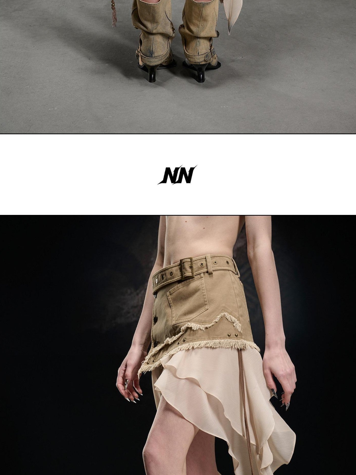 NORTH NODE Khaki Canvas Panelled Ruffle Asymmetrical Hem Women&