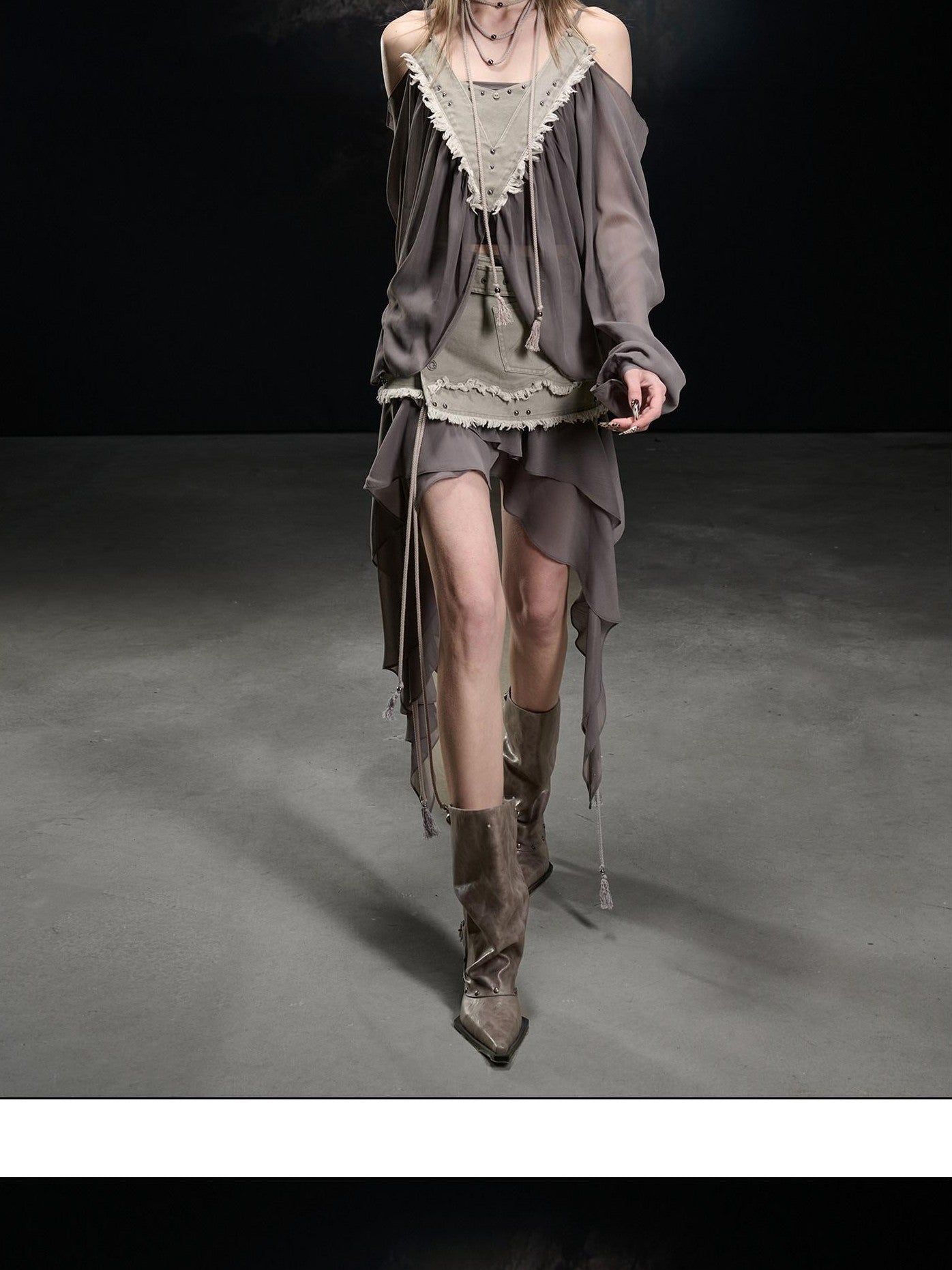 NORTH NODE Khaki Canvas Panelled Ruffle Asymmetrical Hem Women&