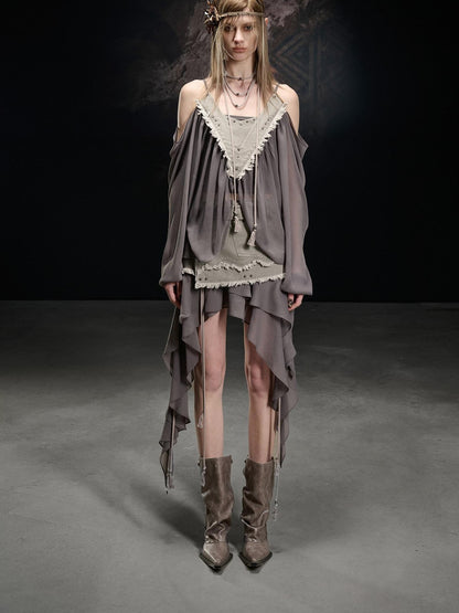 NORTH NODE Khaki Canvas Panelled Ruffle Asymmetrical Hem Women&