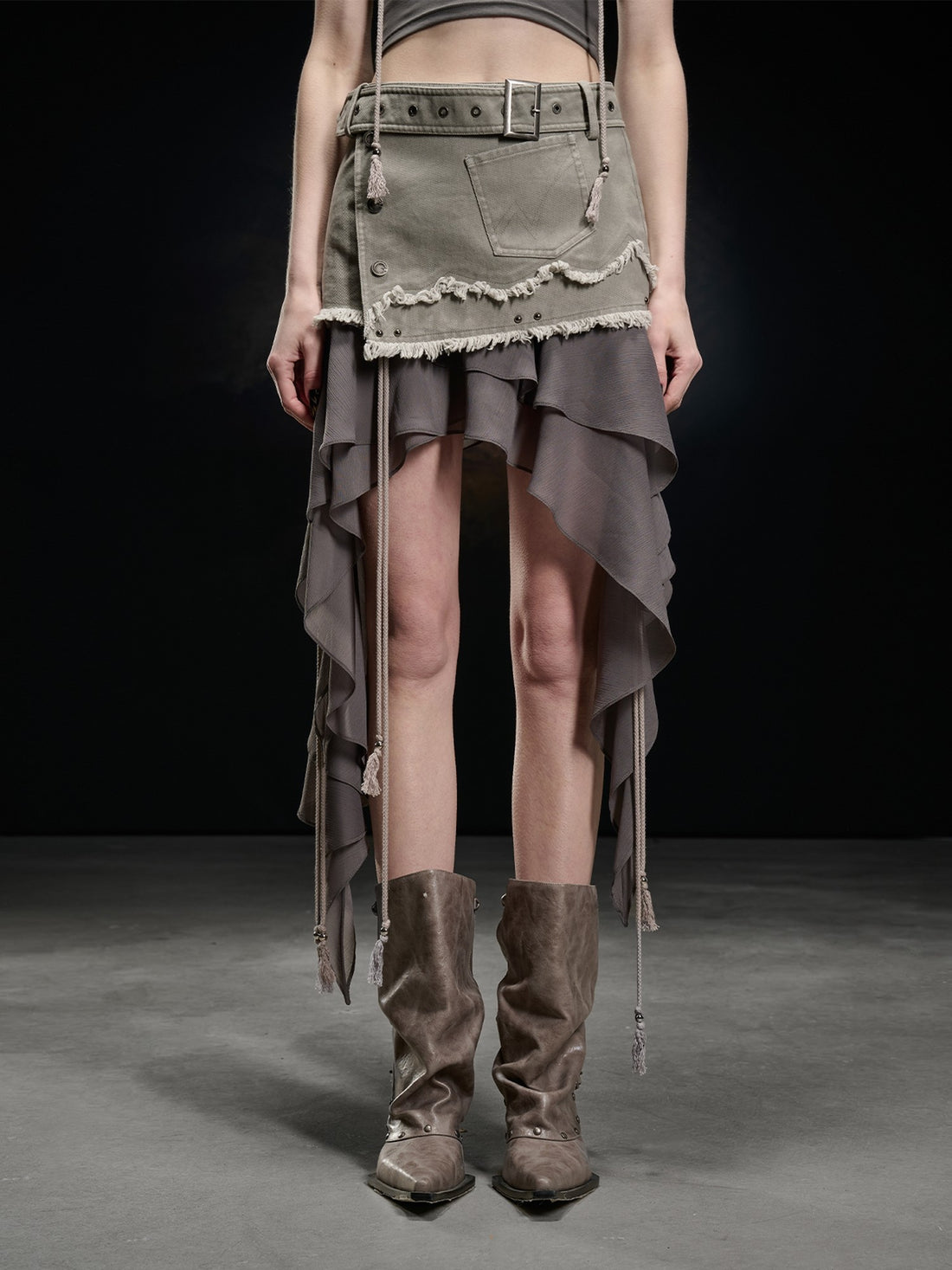 NORTH NODE Khaki Canvas Panelled Ruffle Asymmetrical Hem Women&