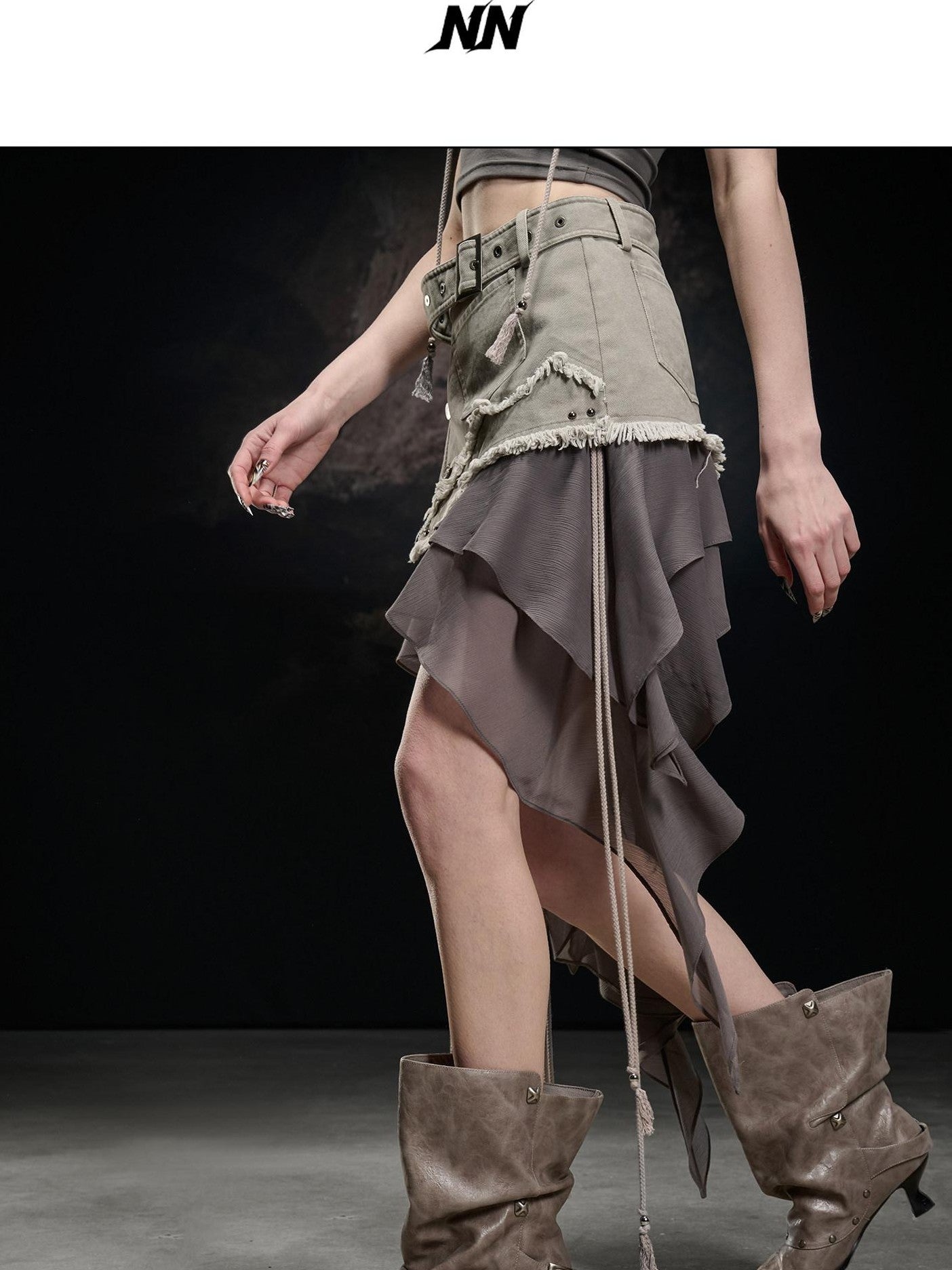 NORTH NODE Khaki Canvas Panelled Ruffle Asymmetrical Hem Women&