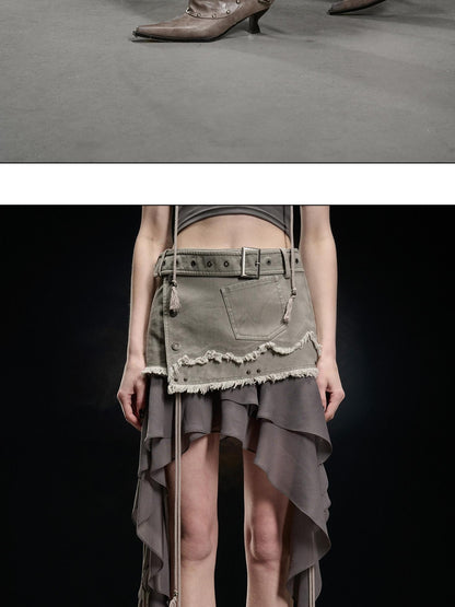 NORTH NODE Khaki Canvas Panelled Ruffle Asymmetrical Hem Women&