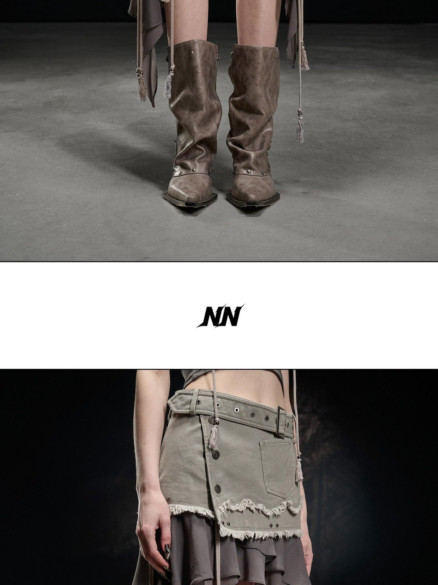 NORTH NODE Khaki Canvas Panelled Ruffle Asymmetrical Hem Women&