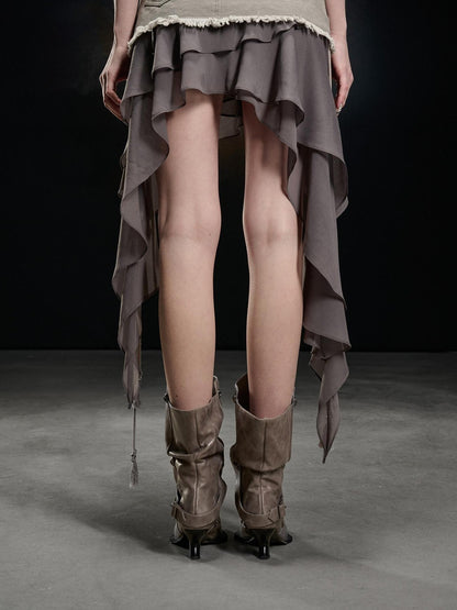 NORTH NODE Khaki Canvas Panelled Ruffle Asymmetrical Hem Women&