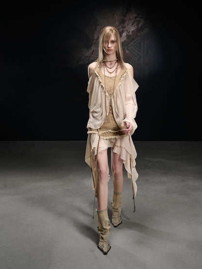 NORTH NODE Khaki Canvas Panelled Ruffle Asymmetrical Hem Women&
