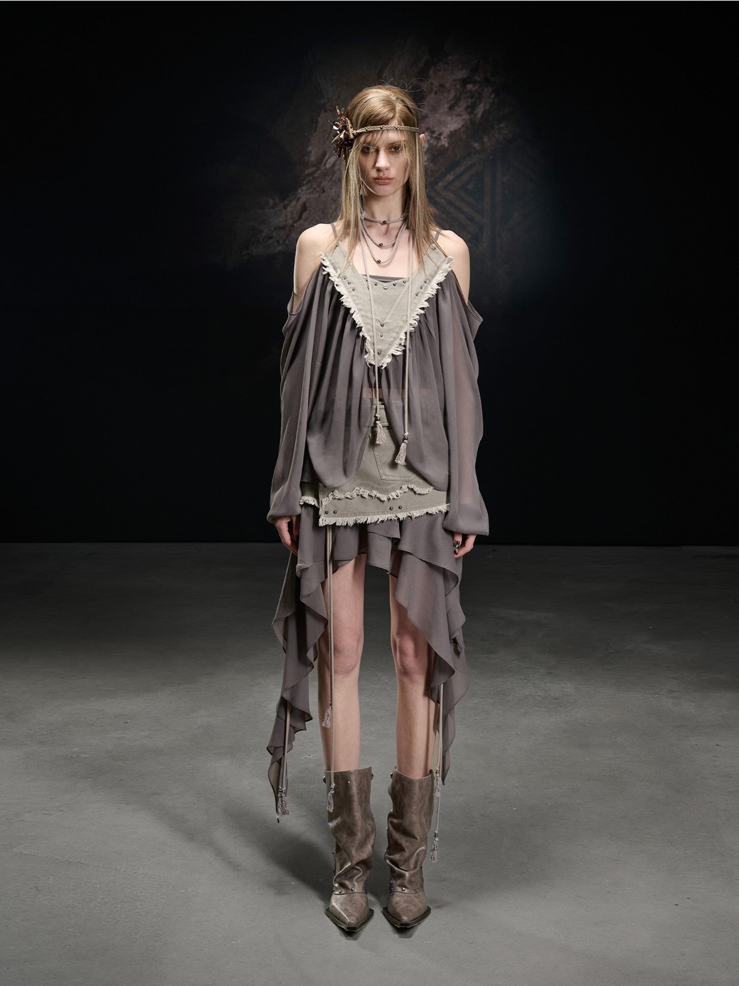 NORTH NODE Khaki Canvas Panelled Ruffle Asymmetrical Hem Women&