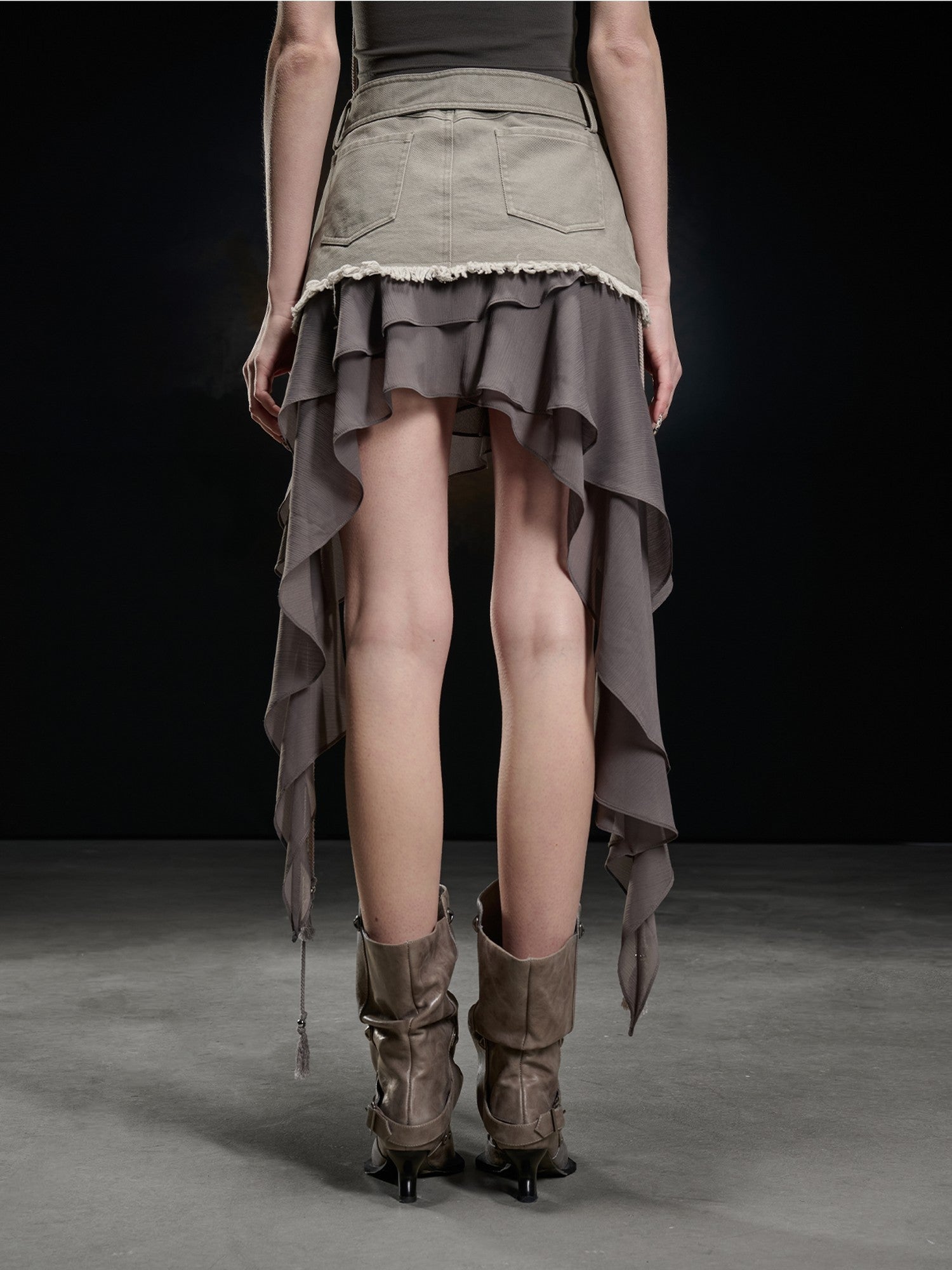 NORTH NODE Khaki Canvas Panelled Ruffle Asymmetrical Hem Women&