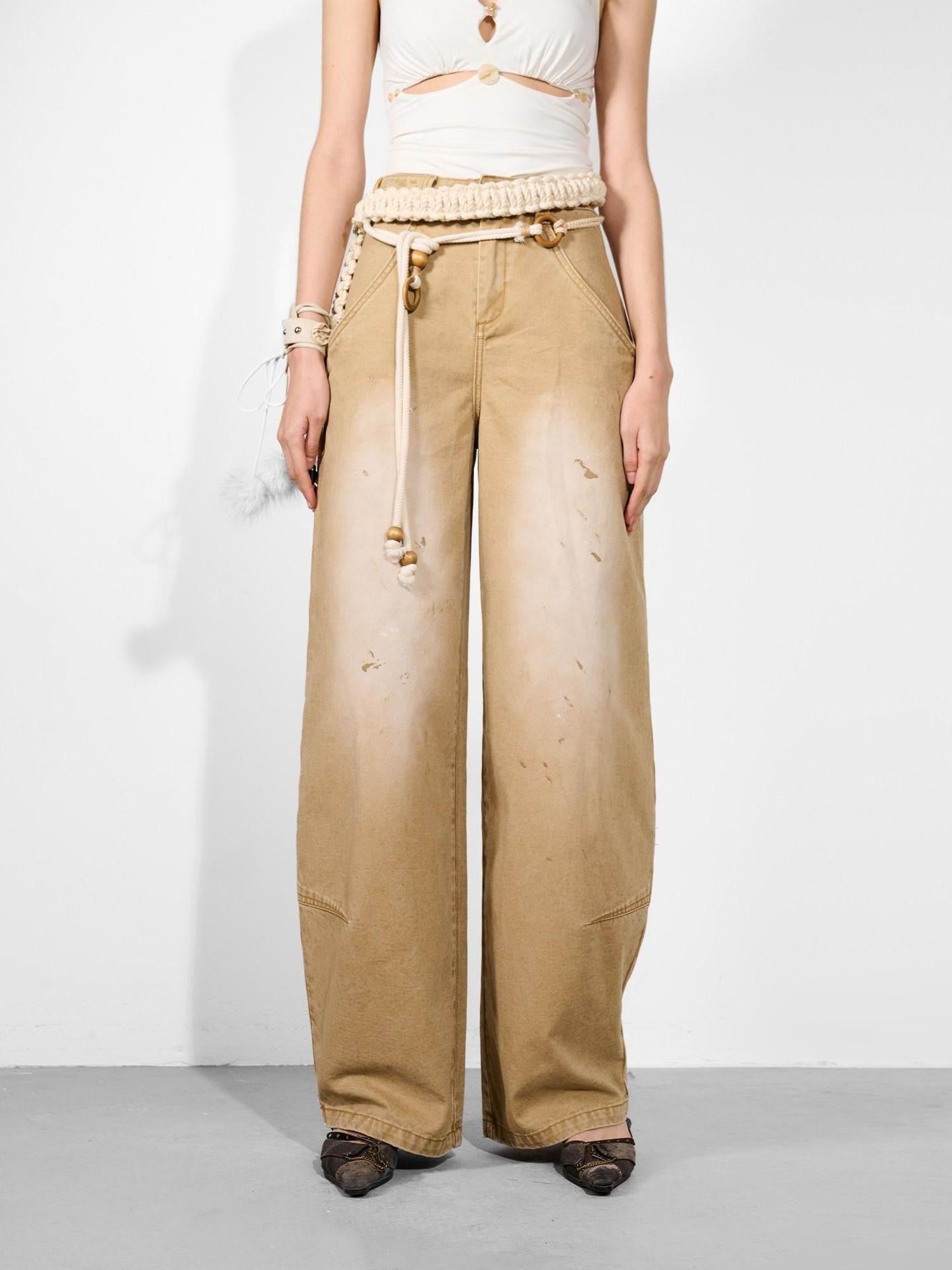 NORTH NODE Khaki Dirty Wash Distressed Curved Cut Women&