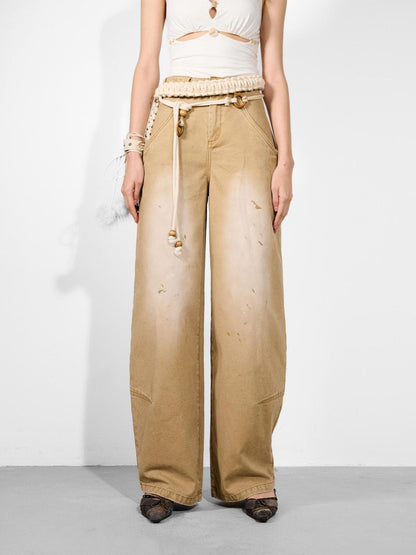 NORTH NODE Khaki Dirty Wash Distressed Curved Cut Women&