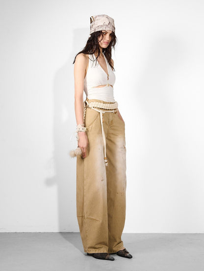 NORTH NODE Khaki Dirty Wash Distressed Curved Cut Women&