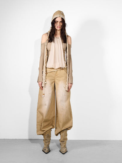NORTH NODE Khaki Dirty Wash Distressed Curved Cut Women&
