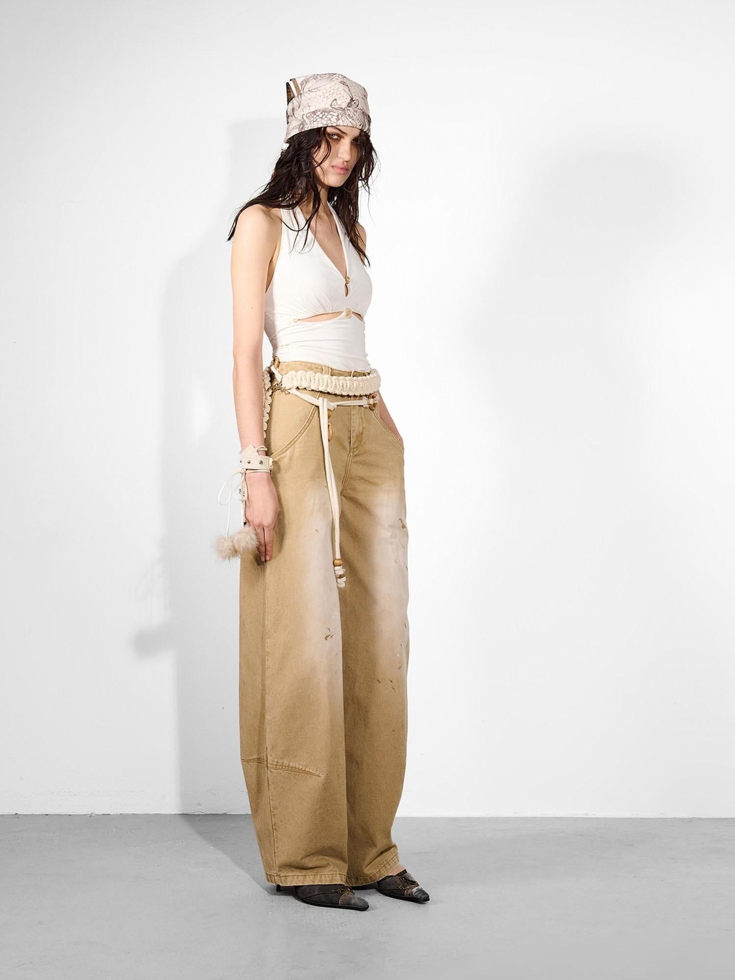 NORTH NODE Khaki Dirty Wash Distressed Curved Cut Women&