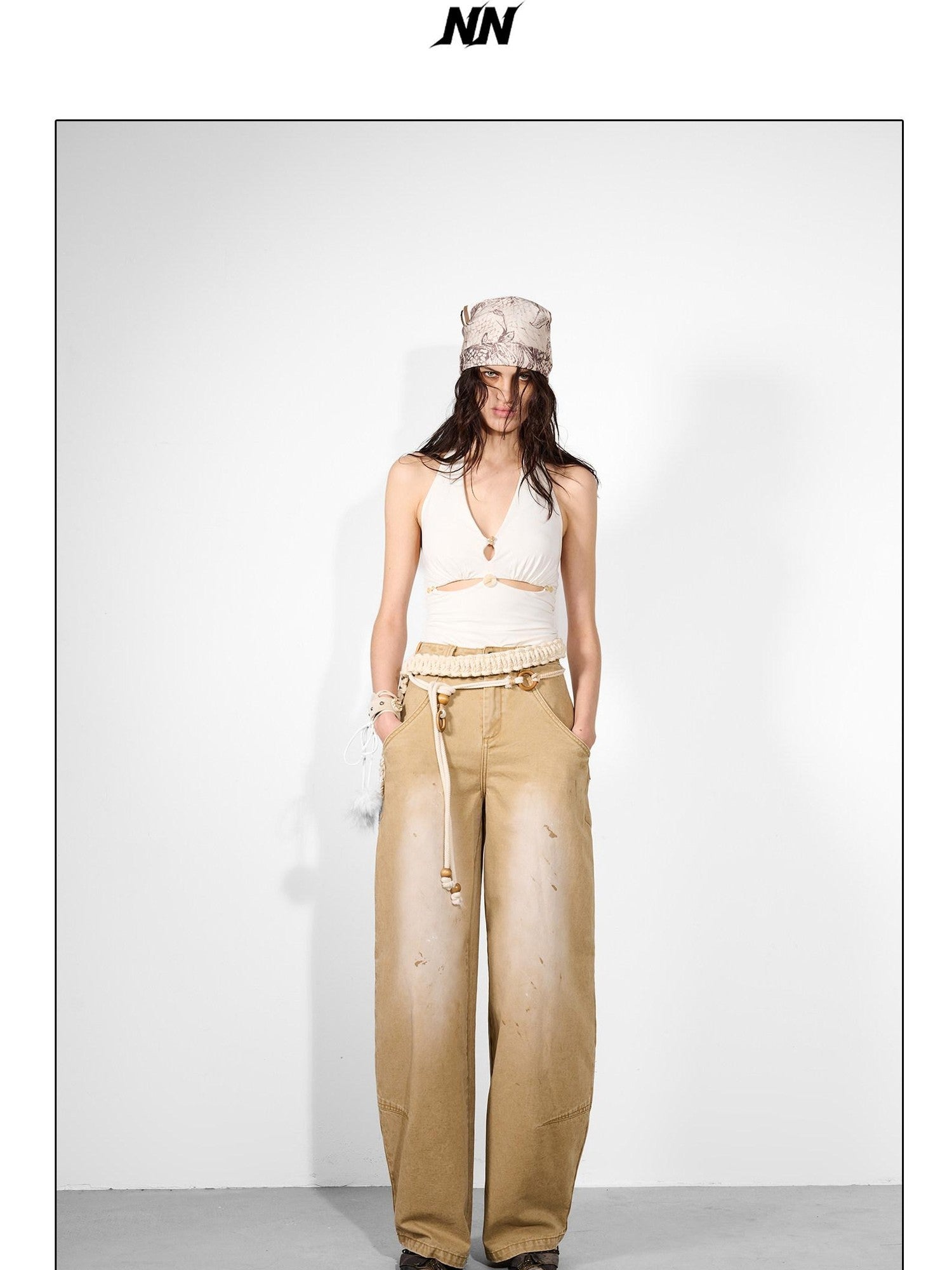 NORTH NODE Khaki Dirty Wash Distressed Curved Cut Women&