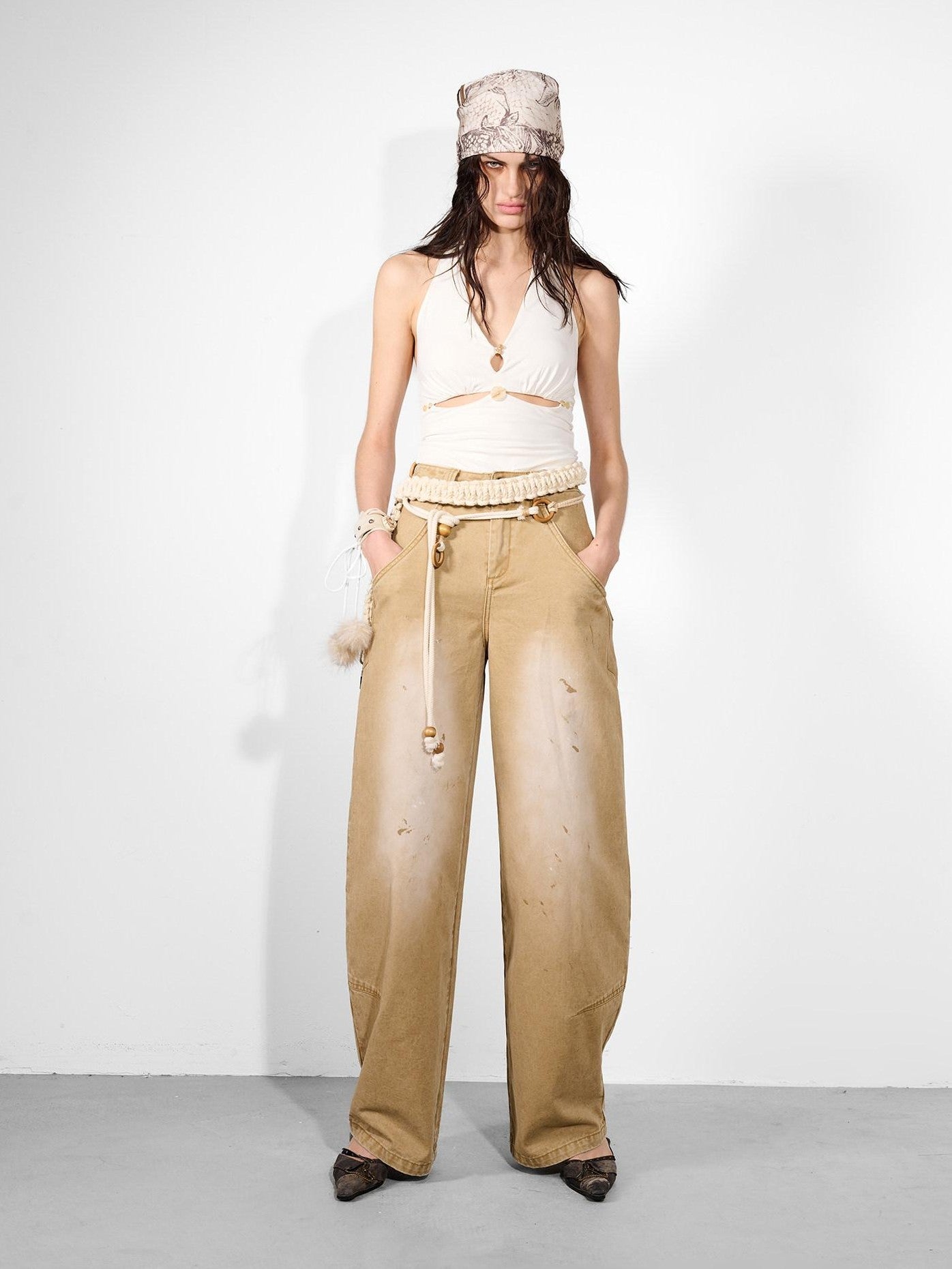 NORTH NODE Khaki Dirty Wash Distressed Curved Cut Women&