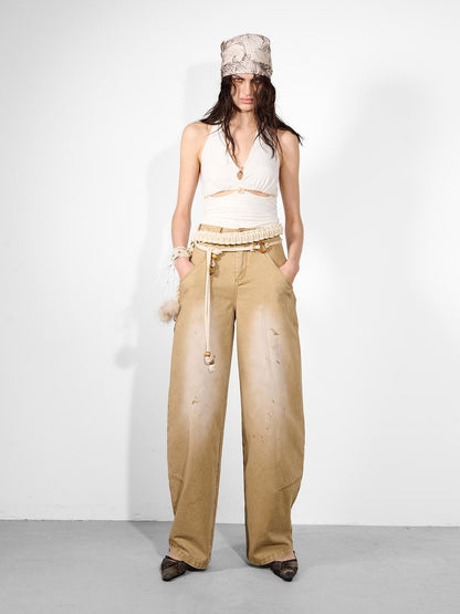 NORTH NODE Khaki Dirty Wash Distressed Curved Cut Women&