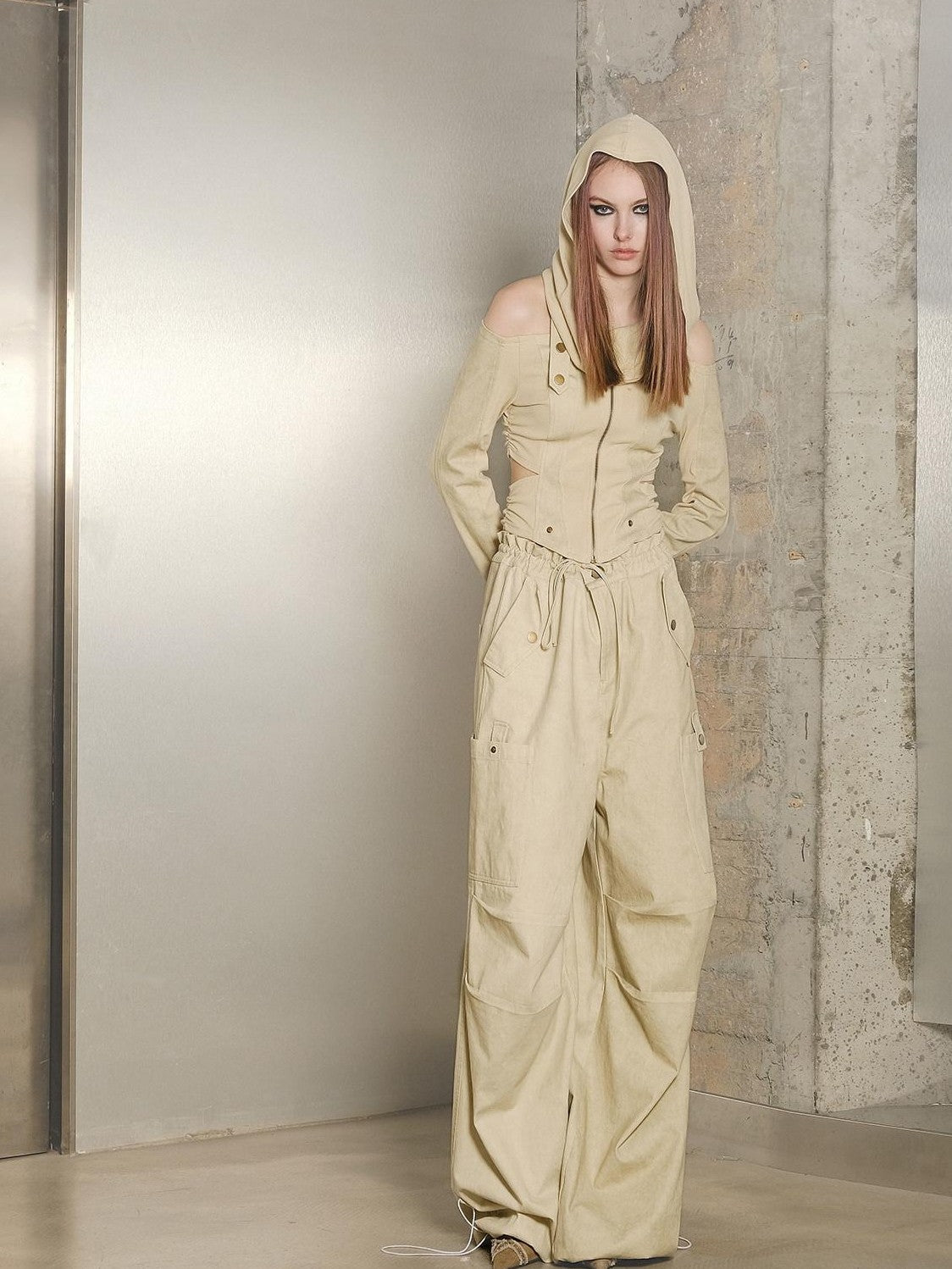 NORTH NODE Khaki Drawstring Cargo Pockets Paratrooper Women&
