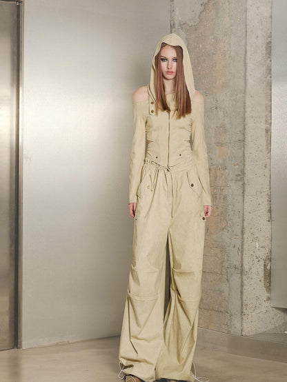NORTH NODE Khaki Drawstring Cargo Pockets Paratrooper Women&