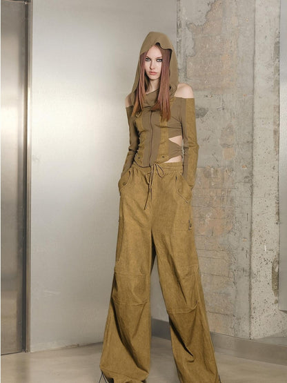 NORTH NODE Khaki Drawstring Cargo Pockets Paratrooper Women&