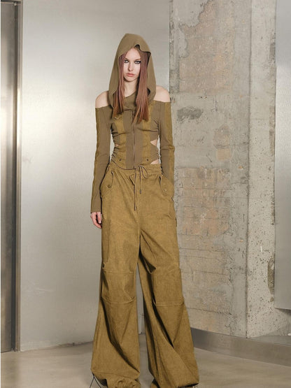 NORTH NODE Khaki Drawstring Cargo Pockets Paratrooper Women&