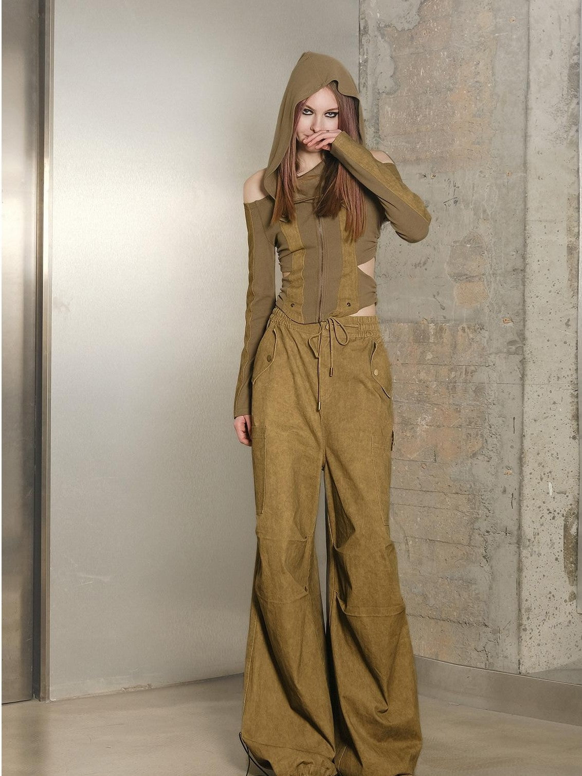 NORTH NODE Khaki Drawstring Cargo Pockets Paratrooper Women&