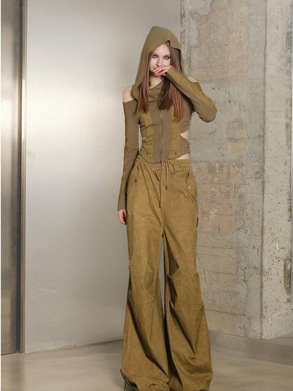 NORTH NODE Khaki Drawstring Cargo Pockets Paratrooper Women&