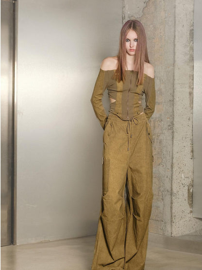 NORTH NODE Khaki Drawstring Cargo Pockets Paratrooper Women&