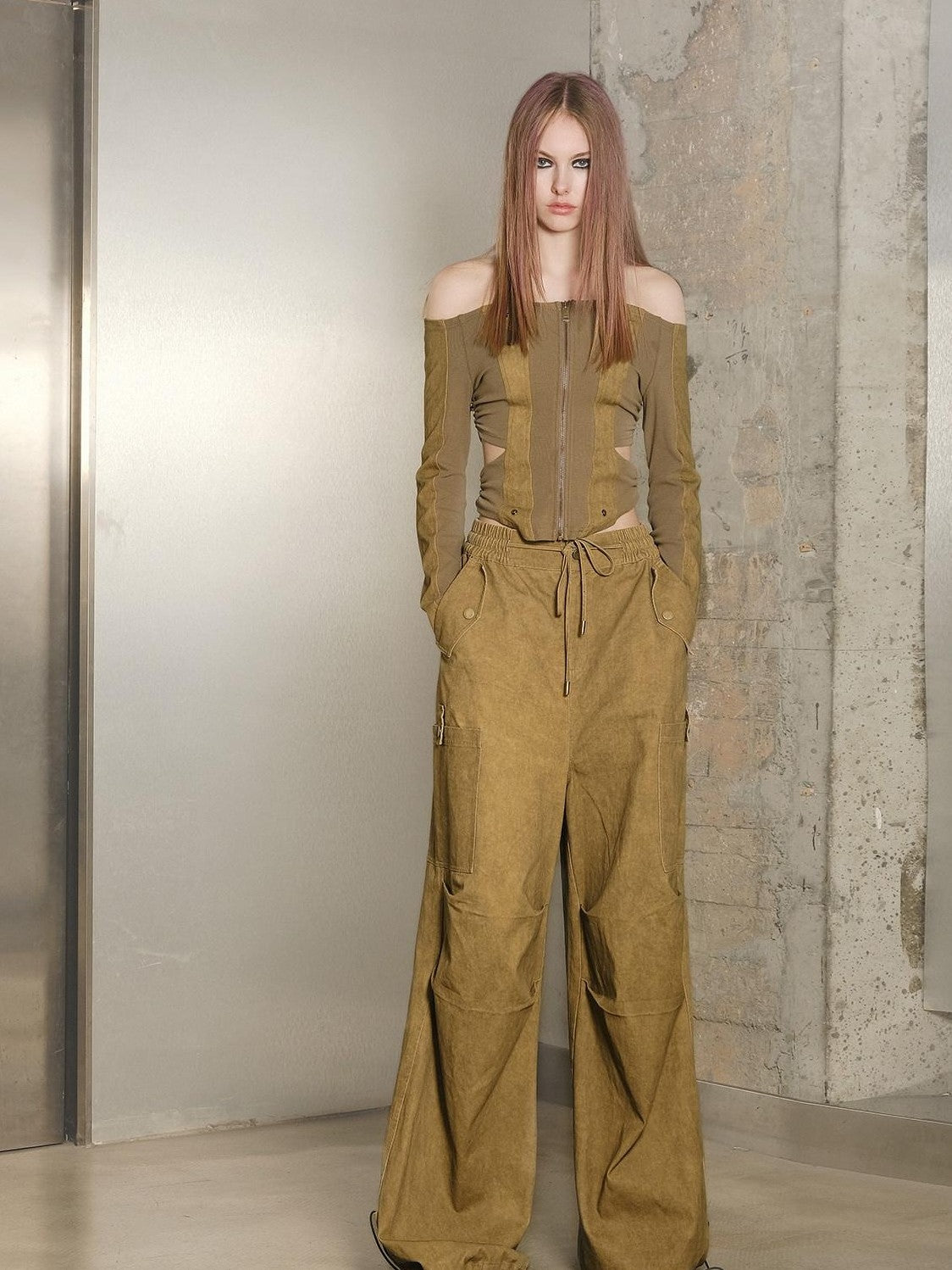 NORTH NODE Khaki Drawstring Cargo Pockets Paratrooper Women&