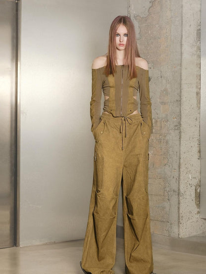 NORTH NODE Khaki Drawstring Cargo Pockets Paratrooper Women&