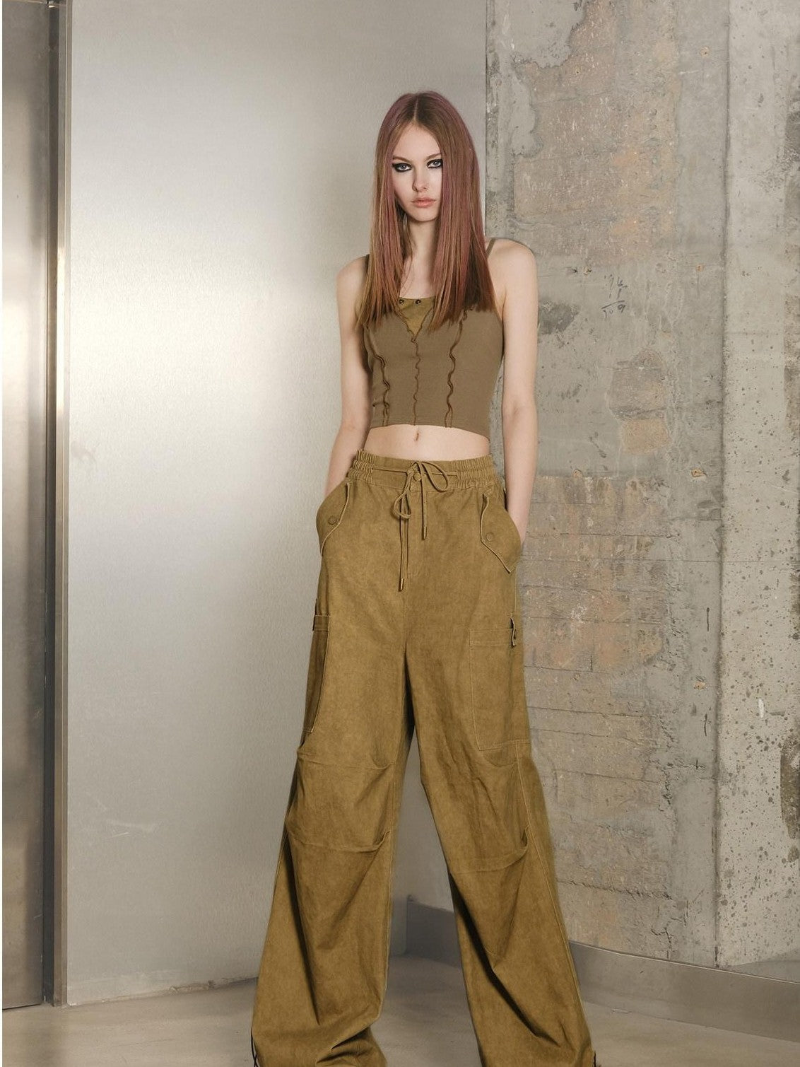 NORTH NODE Khaki Drawstring Cargo Pockets Paratrooper Women&