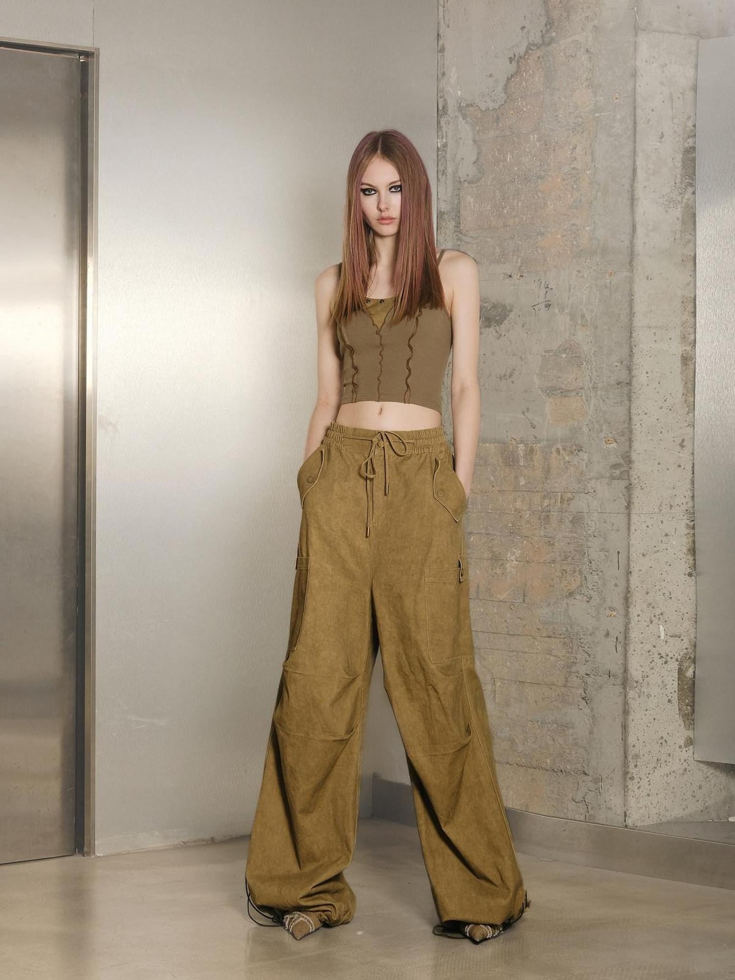 NORTH NODE Khaki Drawstring Cargo Pockets Paratrooper Women&