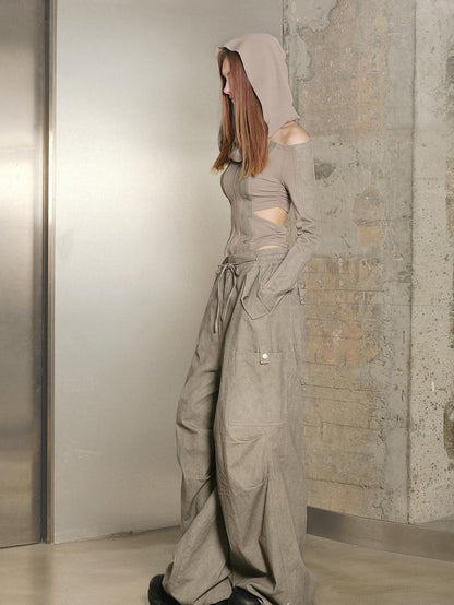 NORTH NODE Khaki Drawstring Cargo Pockets Paratrooper Women&