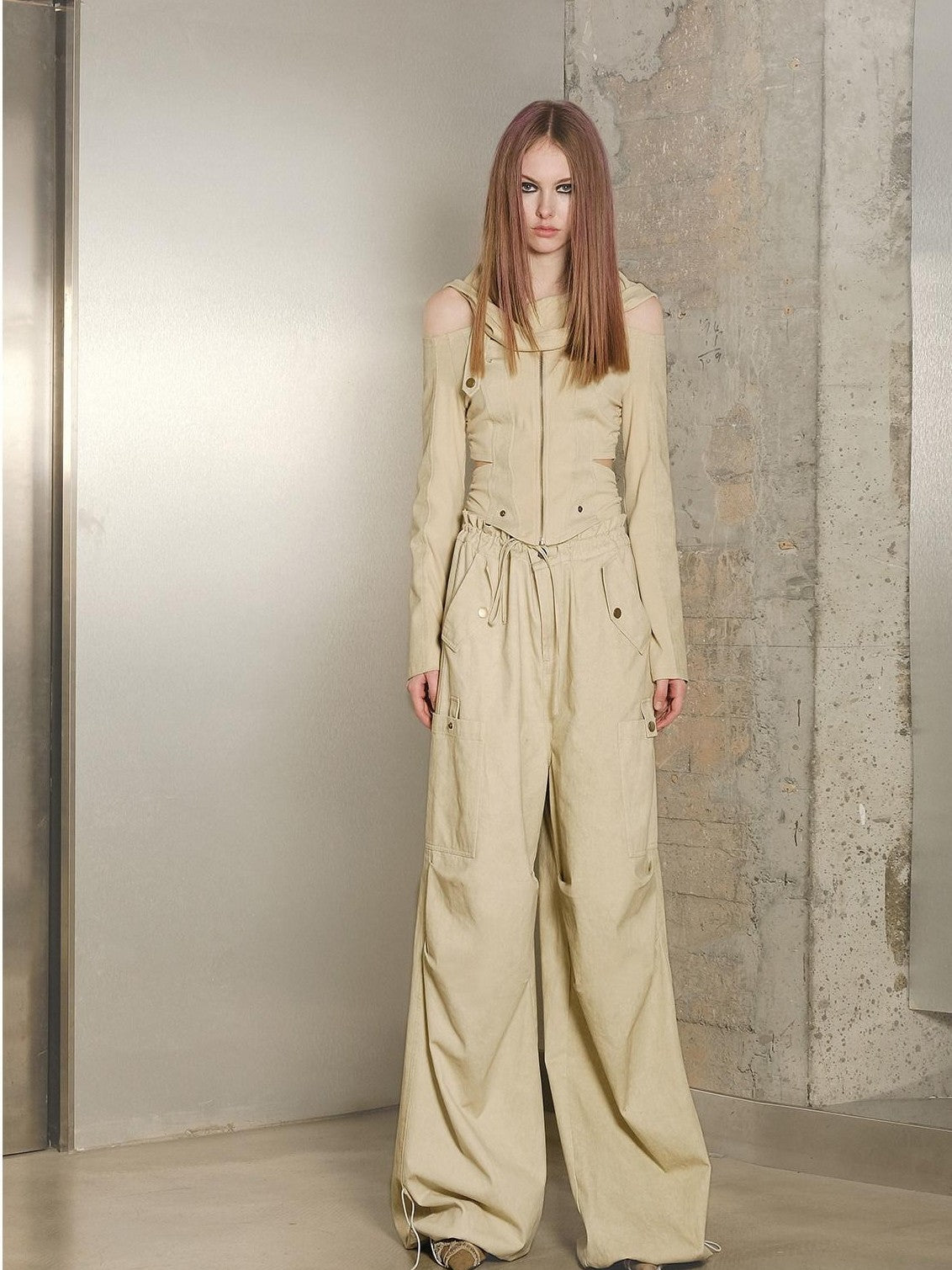 NORTH NODE Khaki Drawstring Paratrooper Pocket Hooded Women&