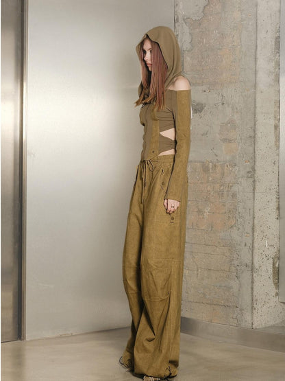 NORTH NODE Khaki Drawstring Paratrooper Pocket Hooded Women&