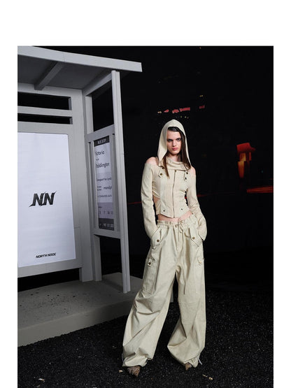 NORTH NODE Khaki Drawstring Paratrooper Pocket Hooded Women&